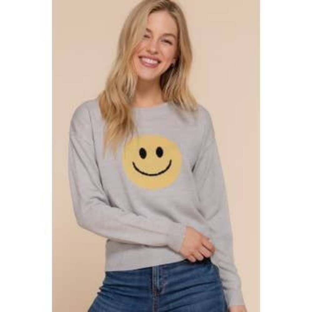 Grey Smiley Face Knit Crew Neck Sweater